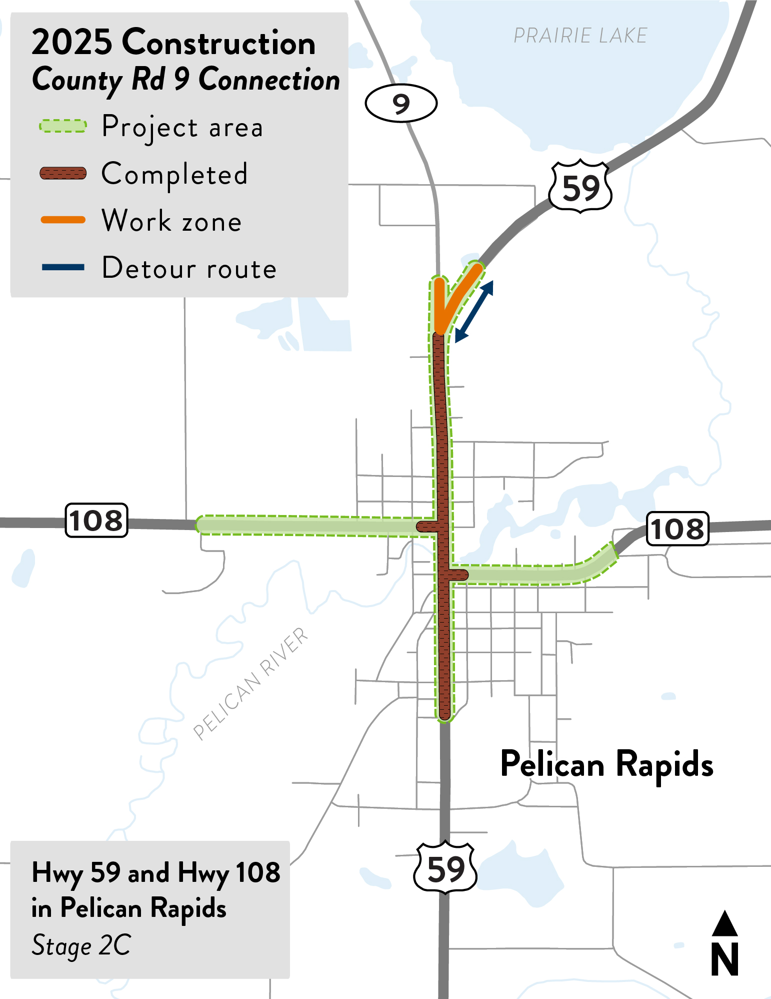 Project map for Stage 2B on Highway 59 in Pelican Rapids, shows work zone from Fifth Ave to 8th Ave, with traffic traveling on one side at a time through work area.